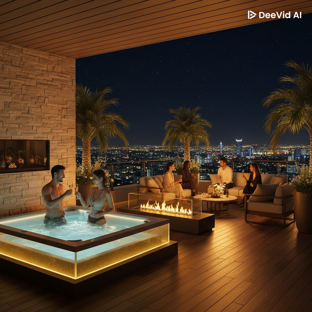 Vista de rooftop noturno com jacuzzi, lareira e luzes douradas